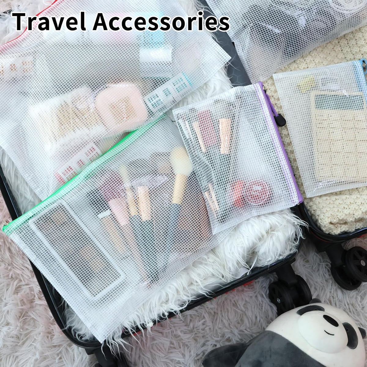 56pcs Mesh Zipper Pouch, Waterproof Zipper Bags, 8 Sizes Plastic Travel Pouch, 18 Colors, Multipurpose for Travel Storage, Office Appliances