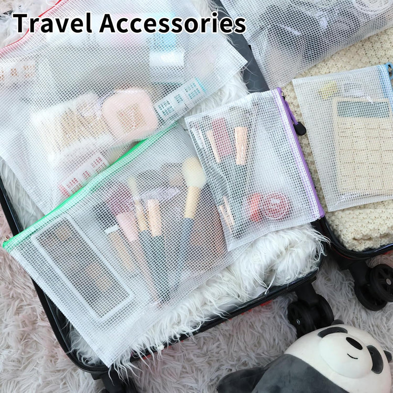 56pcs Mesh Zipper Pouch, Waterproof Zipper Bags, 8 Sizes Plastic Travel Pouch, 18 Colors, Multipurpose for Travel Storage, Office Appliances