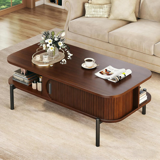 Coffee Table, 39.4" Fluted Coffee Table for Living Room, Mid Century Modern Table with Sliding Cabinet Door 2-Tier Rustic Wood Desktop with Storage Open Shelf, Walnut