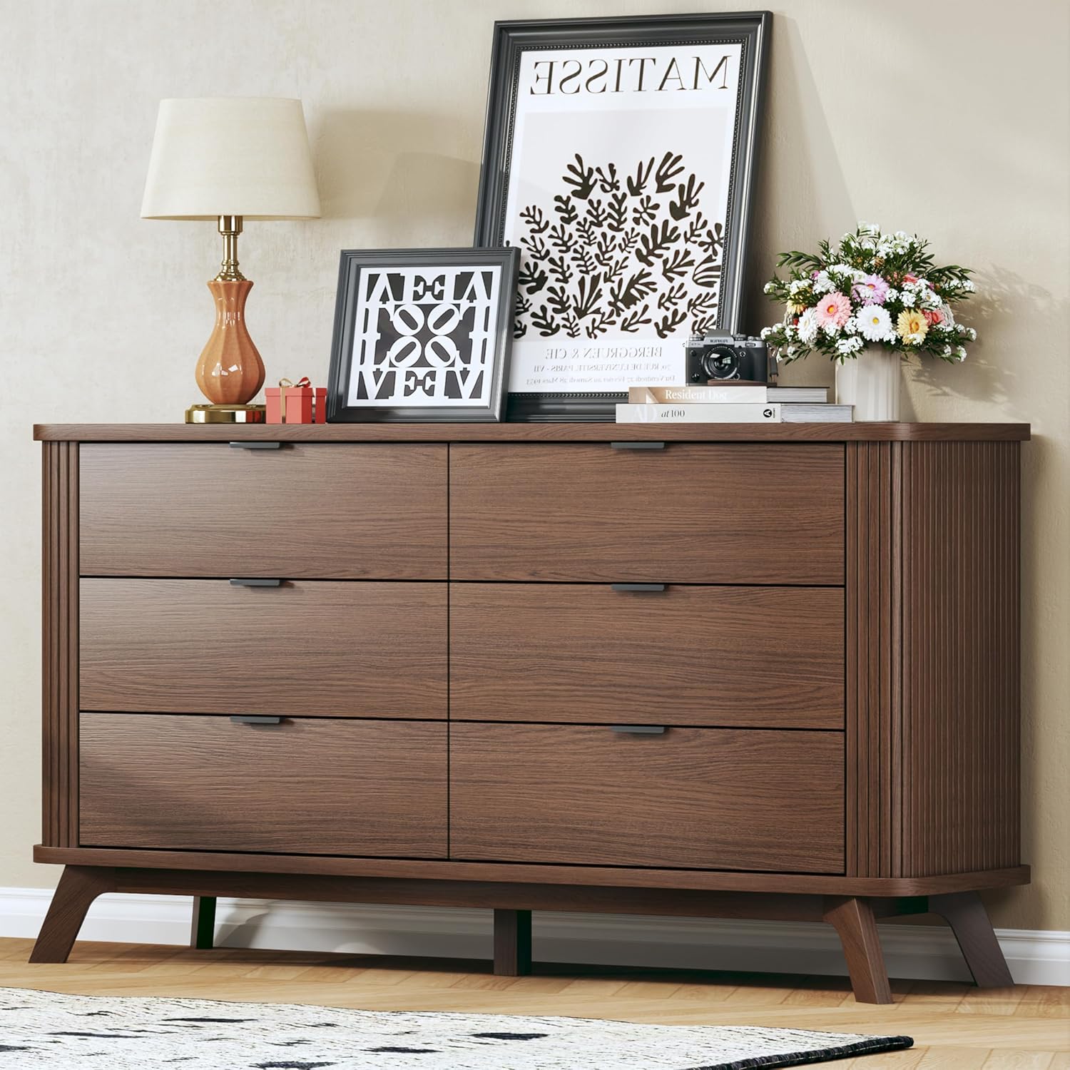 Fluted 6 Drawers Dresser for Bedroom, 55" Mid Century Modern Dresser & Chests of Drawers, Curved Profile Design, Dresser TV Stand, for Entryway, Hallway, Walnut