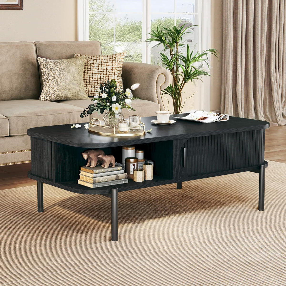 Coffee Table, 39.4" Mid Century Modern Coffee Tables for Living Room, Coffee Table with Storage Open Shelf, Fluted Table with Sliding Cabinet Door, 2-Tier Rustic Wood Desktop, Black