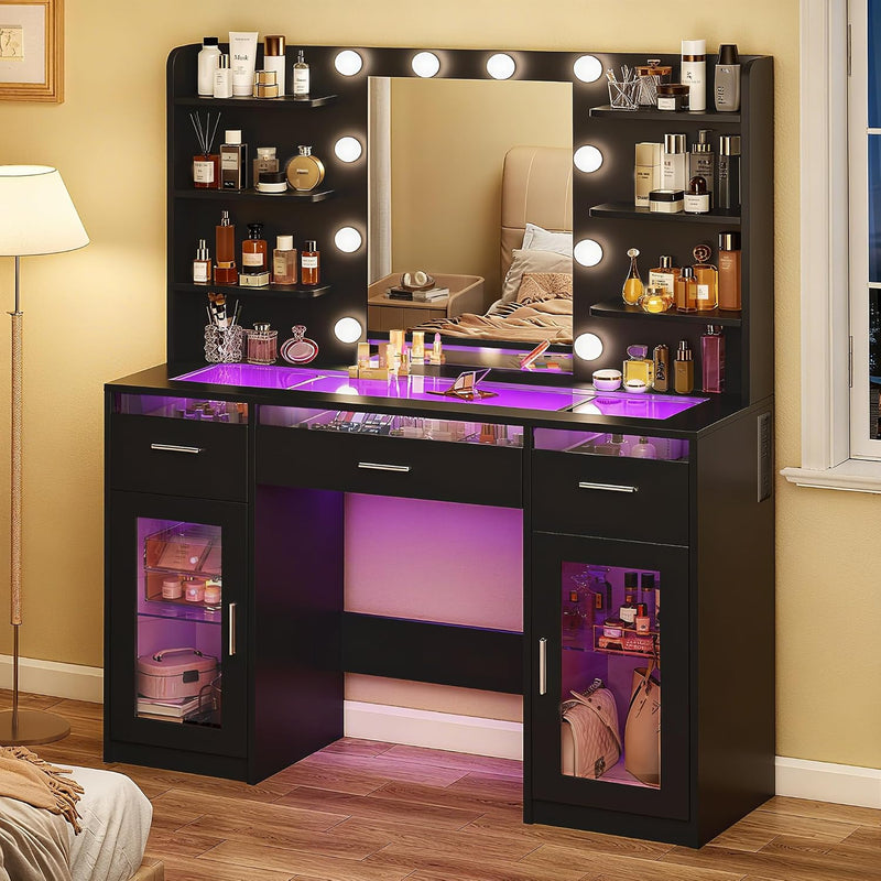 Black LED Makeup Vanity with Glass Top & Charging Station