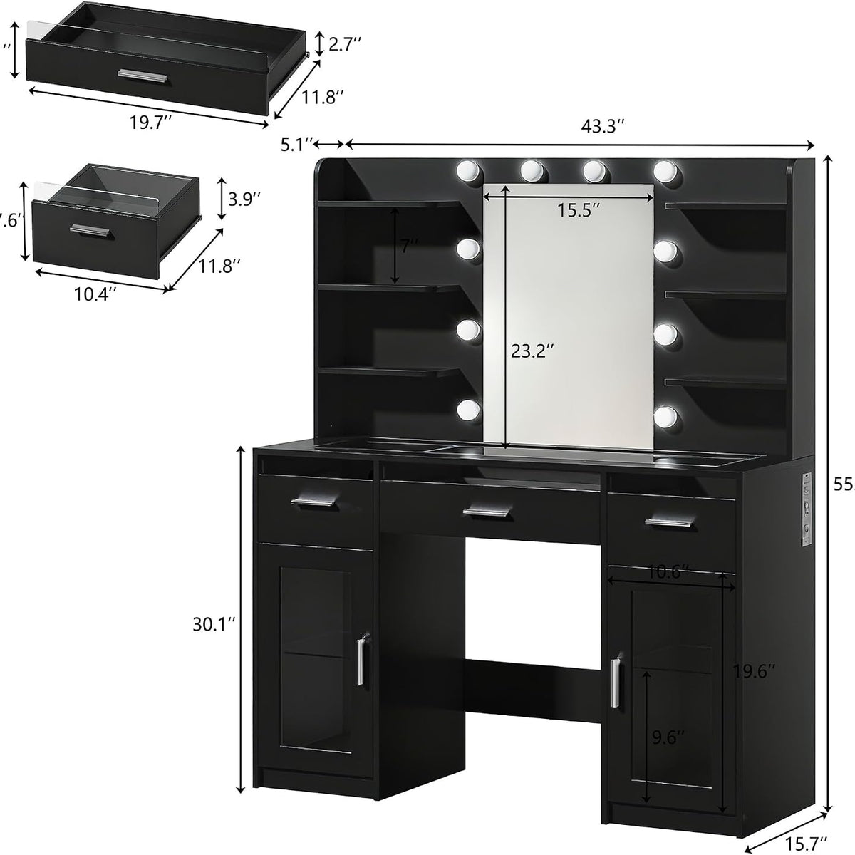 Black LED Makeup Vanity with Glass Top & Charging Station