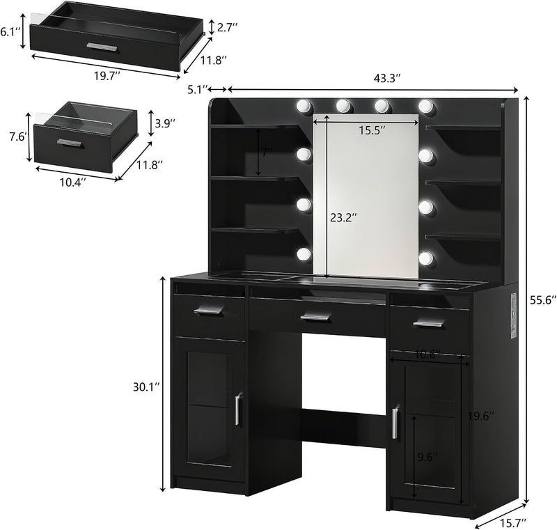 Black LED Makeup Vanity with Glass Top & Charging Station