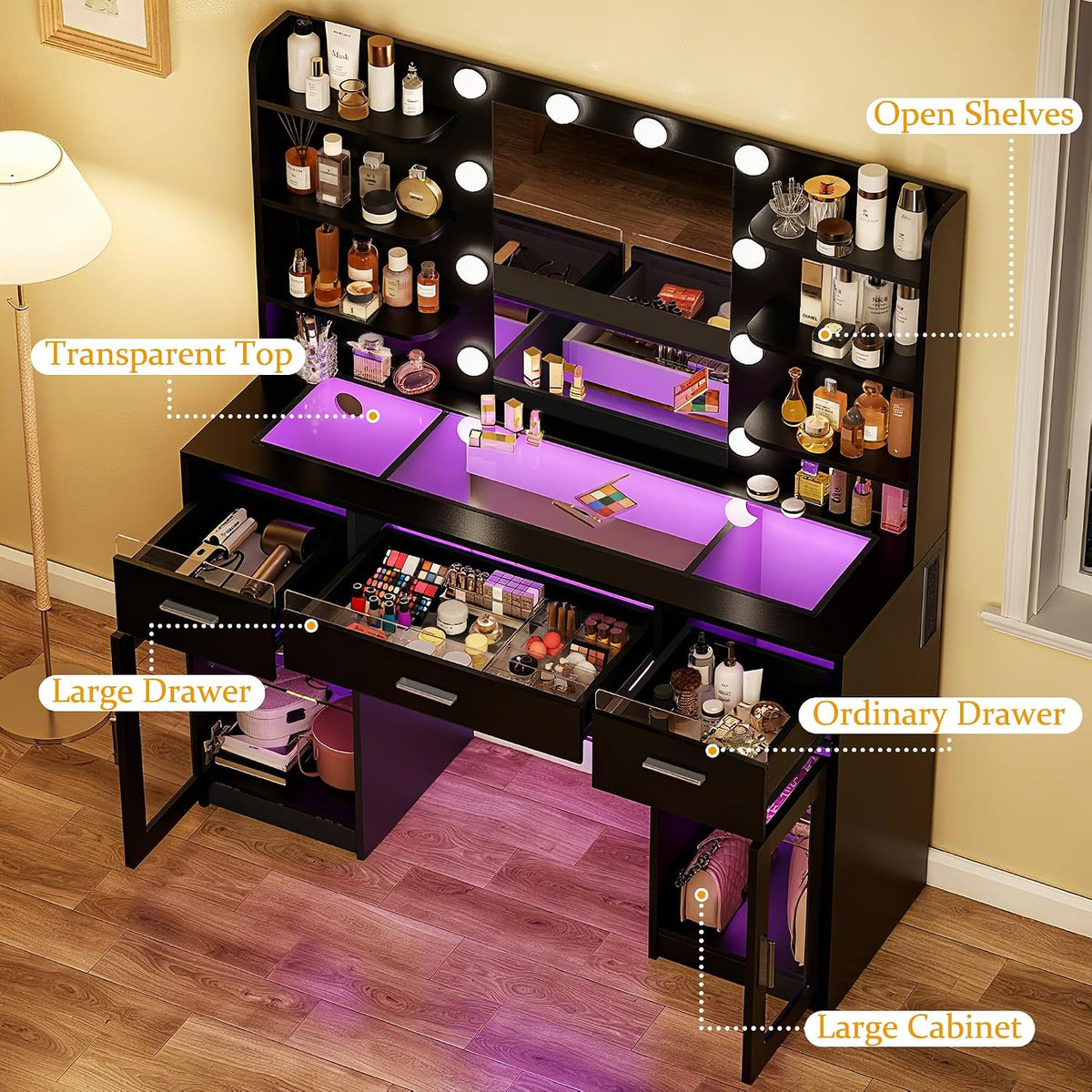Black LED Makeup Vanity with Glass Top & Charging Station