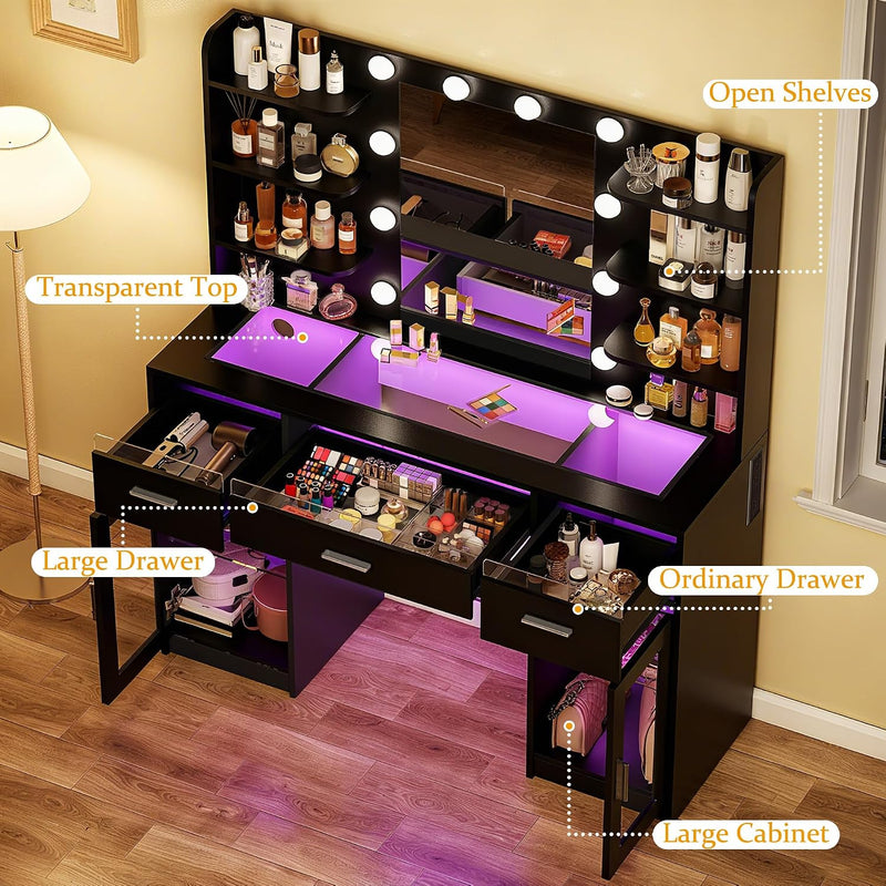 Black LED Makeup Vanity with Glass Top & Charging Station