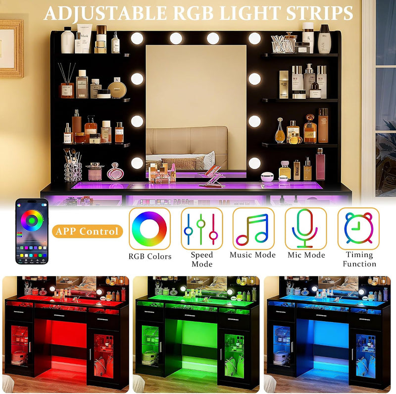 Black LED Makeup Vanity with Glass Top & Charging Station