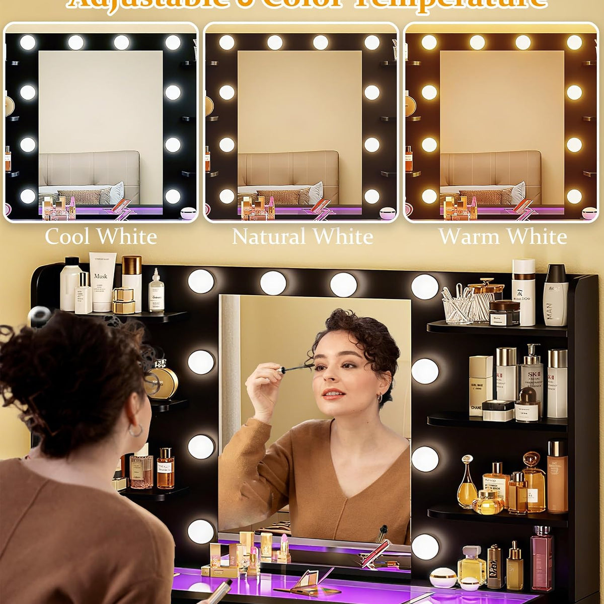Black LED Makeup Vanity with Glass Top & Charging Station