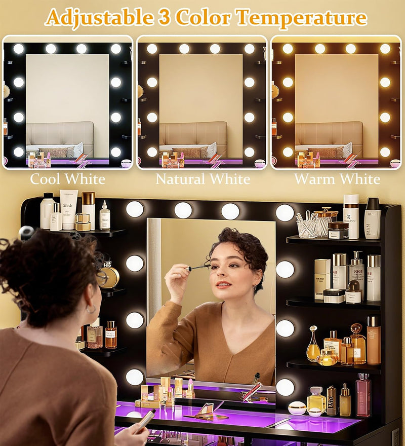 Black LED Makeup Vanity with Glass Top & Charging Station