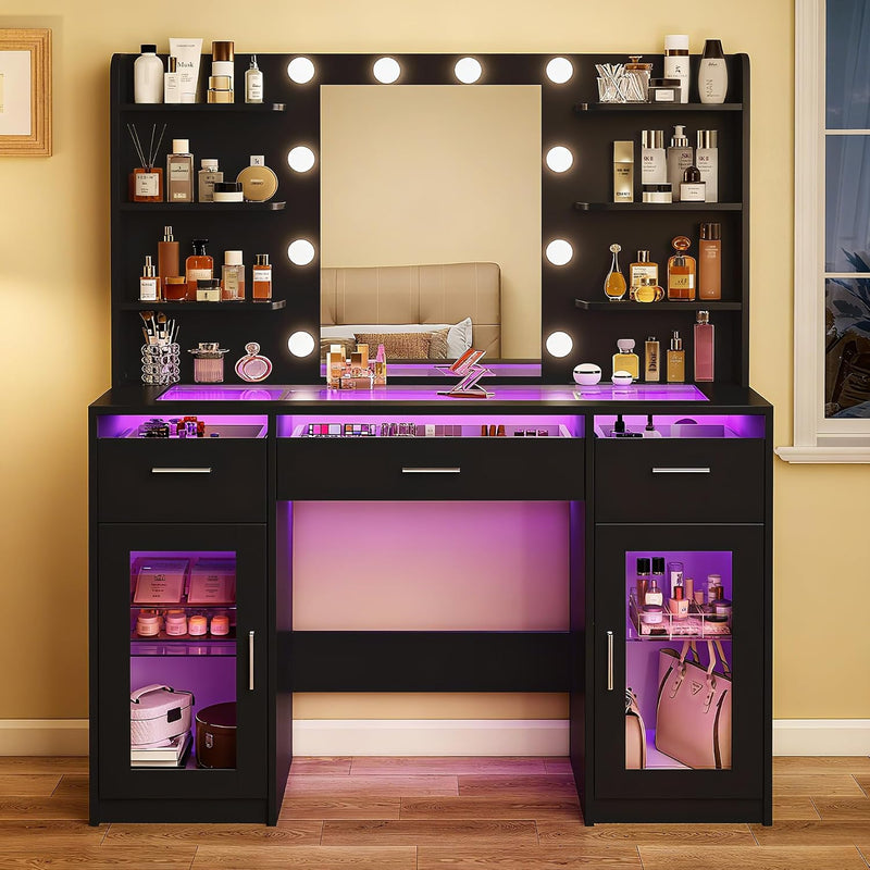 Black LED Makeup Vanity with Glass Top & Charging Station