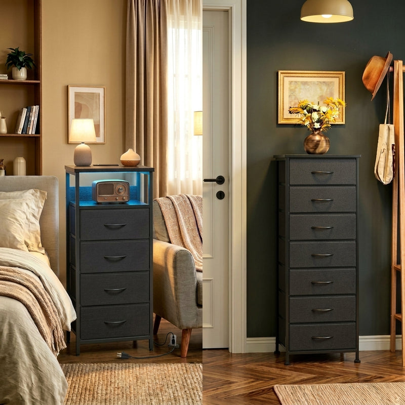 Black Nightstand & Tall Dresser Set, LED Nightstand with Charging Station, 11 Drawers