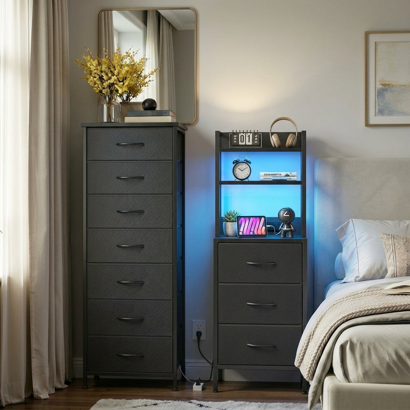 Black Tall Nightstand & Dresser Set, LED Nightstand with Charging Station, 10 Drawers