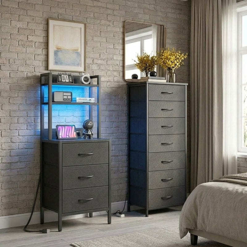 Black Tall Nightstand & Dresser Set, LED Nightstand with Charging Station, 10 Drawers