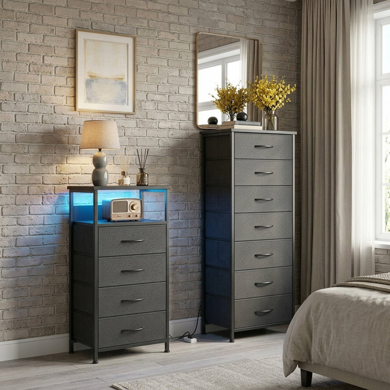 Black Nightstand & Tall Dresser Set, LED Nightstand with Charging Station, 11 Drawers