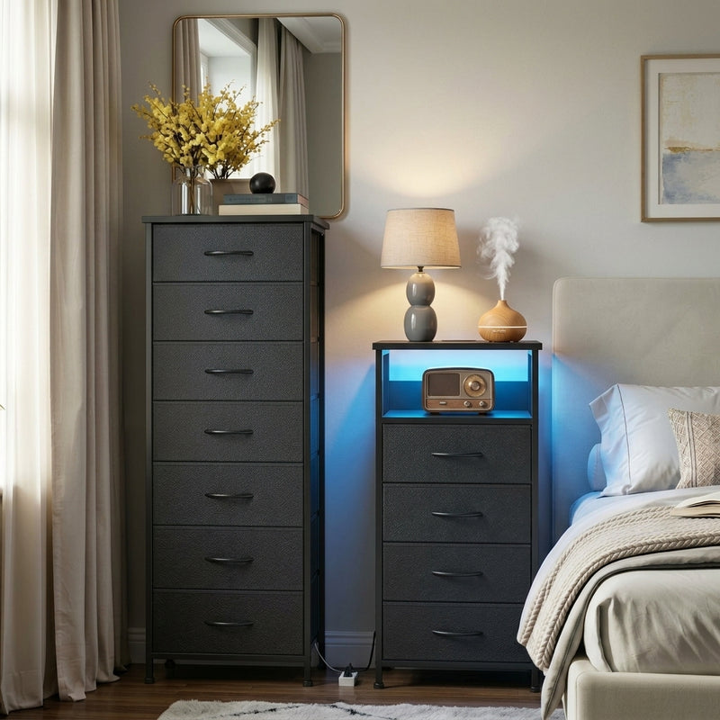 Black Nightstand & Tall Dresser Set, LED Nightstand with Charging Station, 11 Drawers