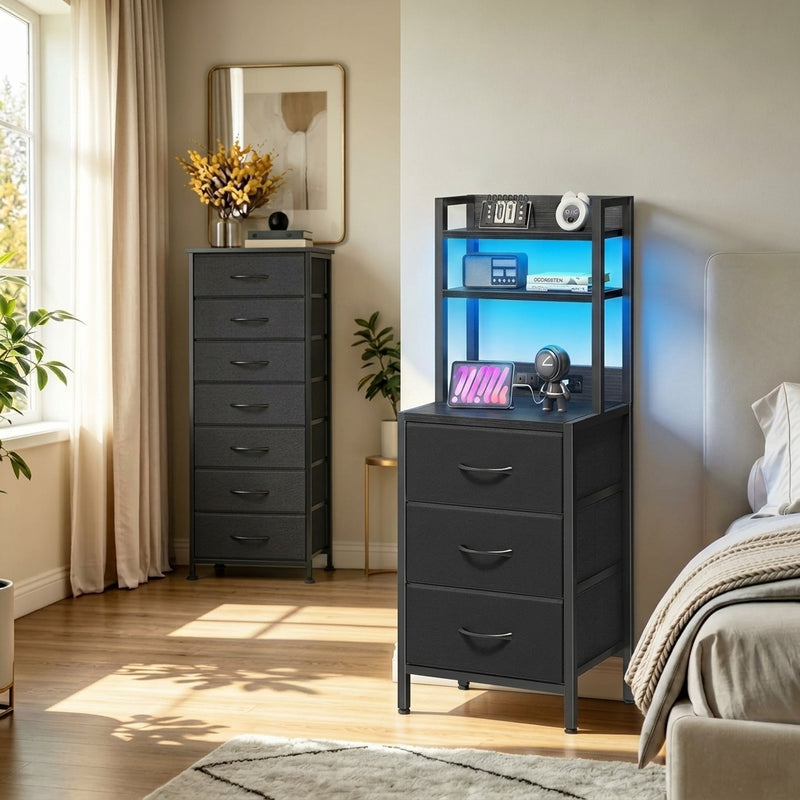 Black Tall Nightstand & Dresser Set, LED Nightstand with Charging Station, 10 Drawers