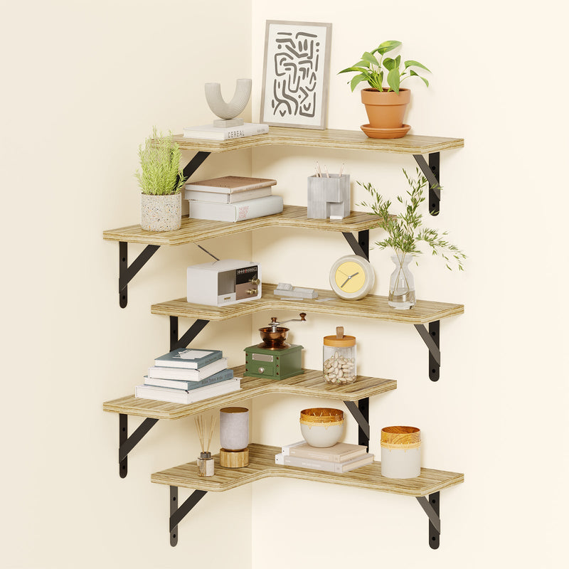 Fixwal 5-Pieces Floating Shelves for Wall, Rustic Wood Wall Mounted Corner Shelf Carbonized Black
