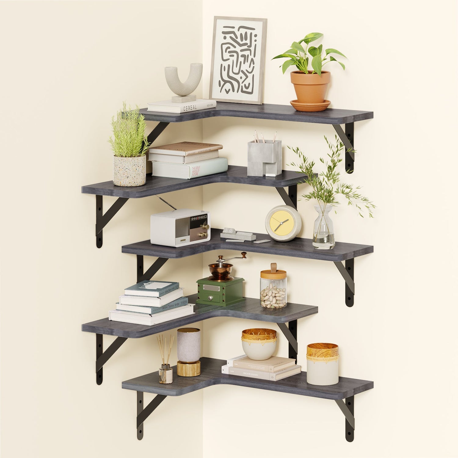 Fixwal 5-Pieces Floating Shelves for Wall, Rustic Wood Wall Mounted Corner Shelf Gray