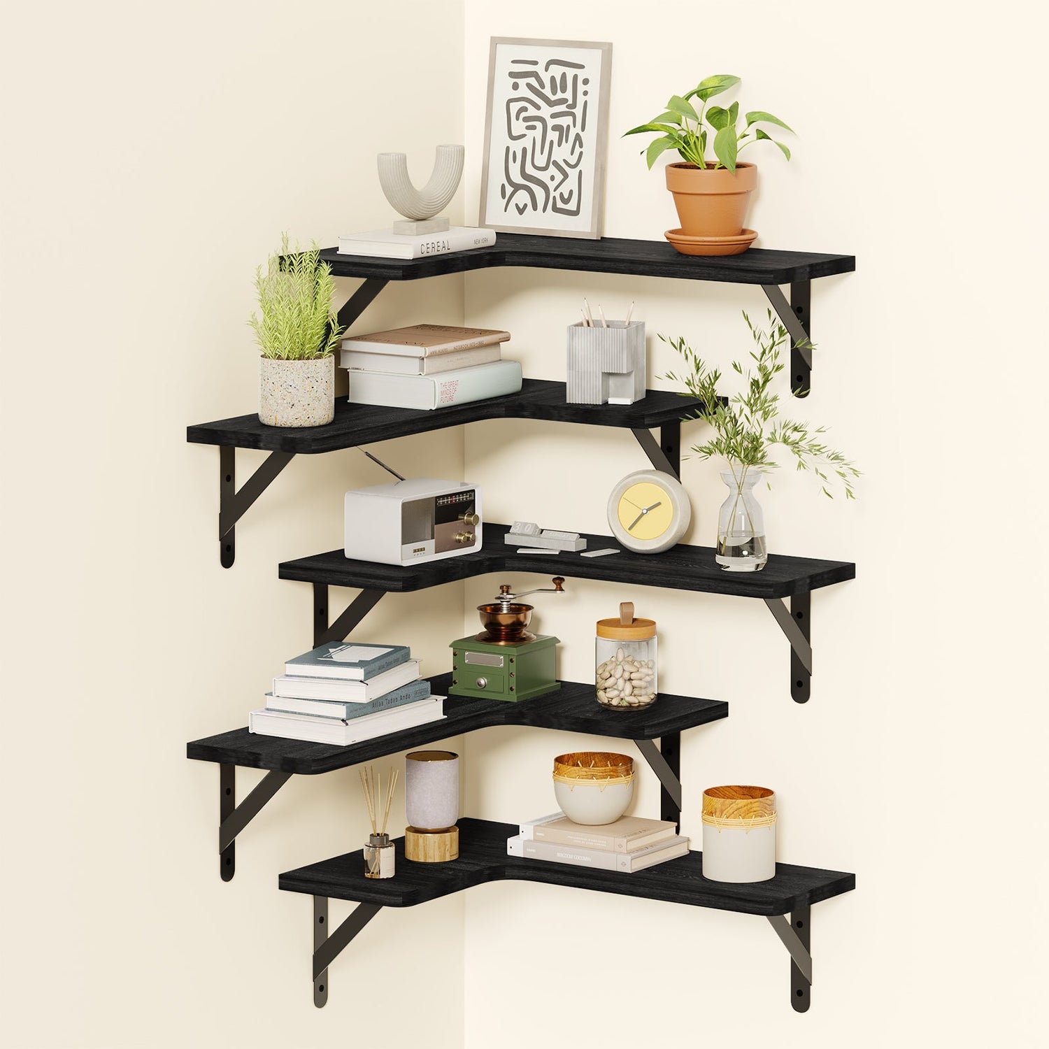 Fixwal 5-Pieces Floating Shelves for Wall, Rustic Wood Wall Mounted Corner Shelf Black