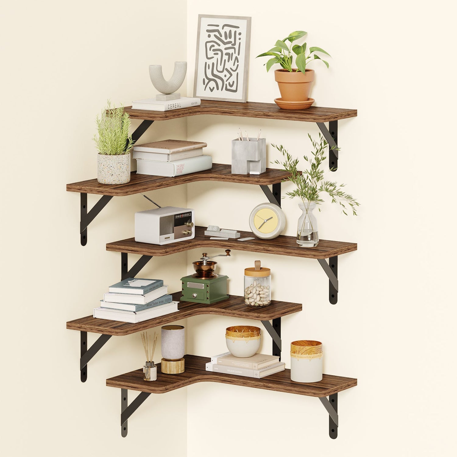 Fixwal 5-Pieces Floating Shelves for Wall, Rustic Wood Wall Mounted Corner Shelf Dark Carbonized Black