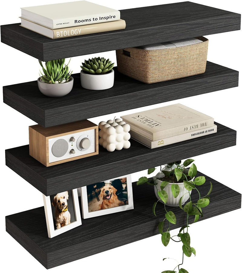 Floating Wall Shelves – Rustic Wood Finish, Set of 4