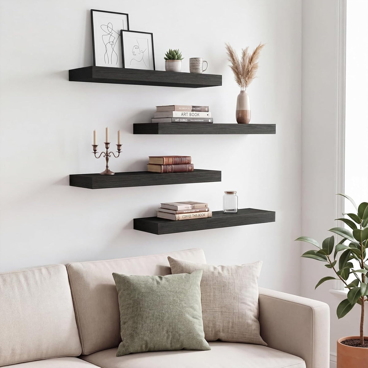 Floating Wall Shelves – Rustic Wood Finish, Set of 4