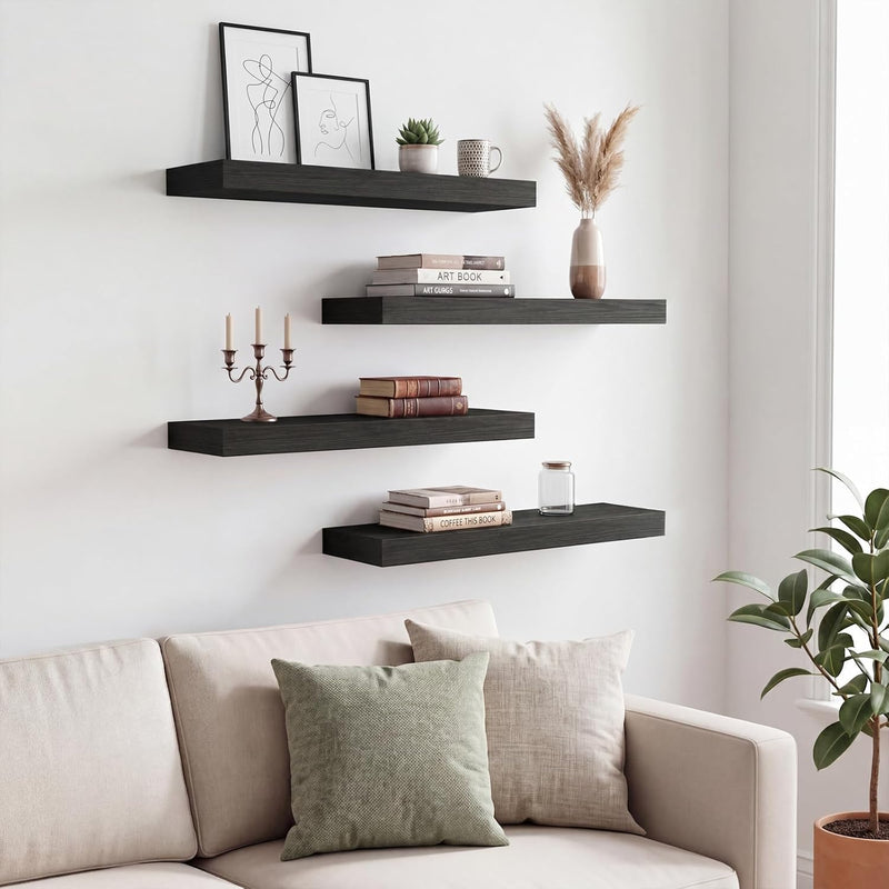Floating Wall Shelves – Rustic Wood Finish, Set of 4