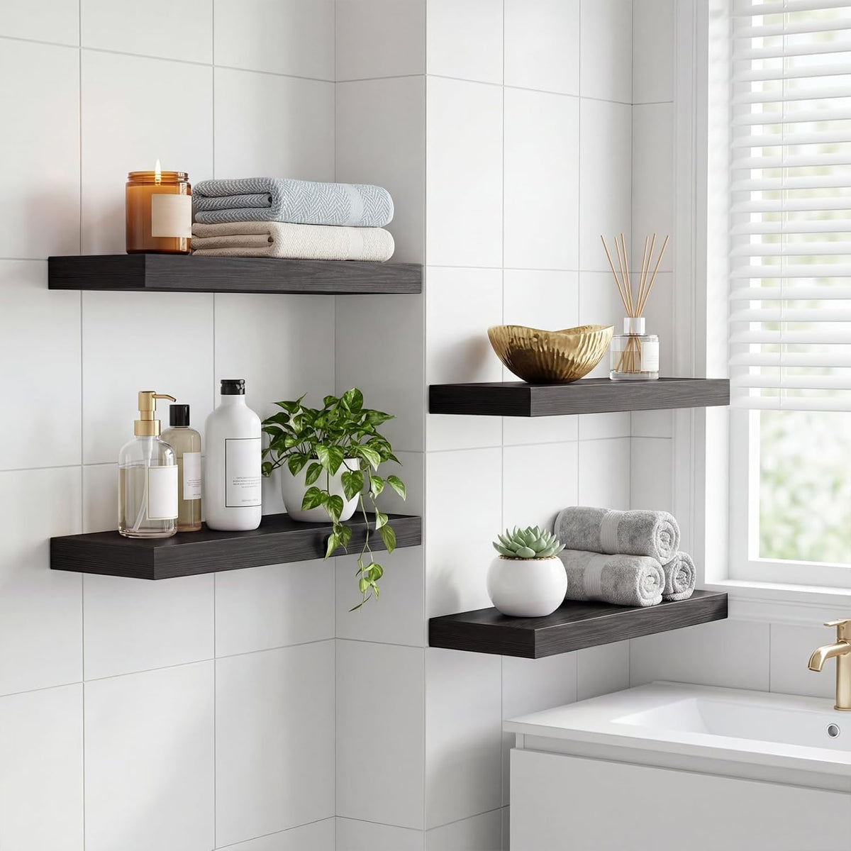 Floating Wall Shelves – Rustic Wood Finish, Set of 4