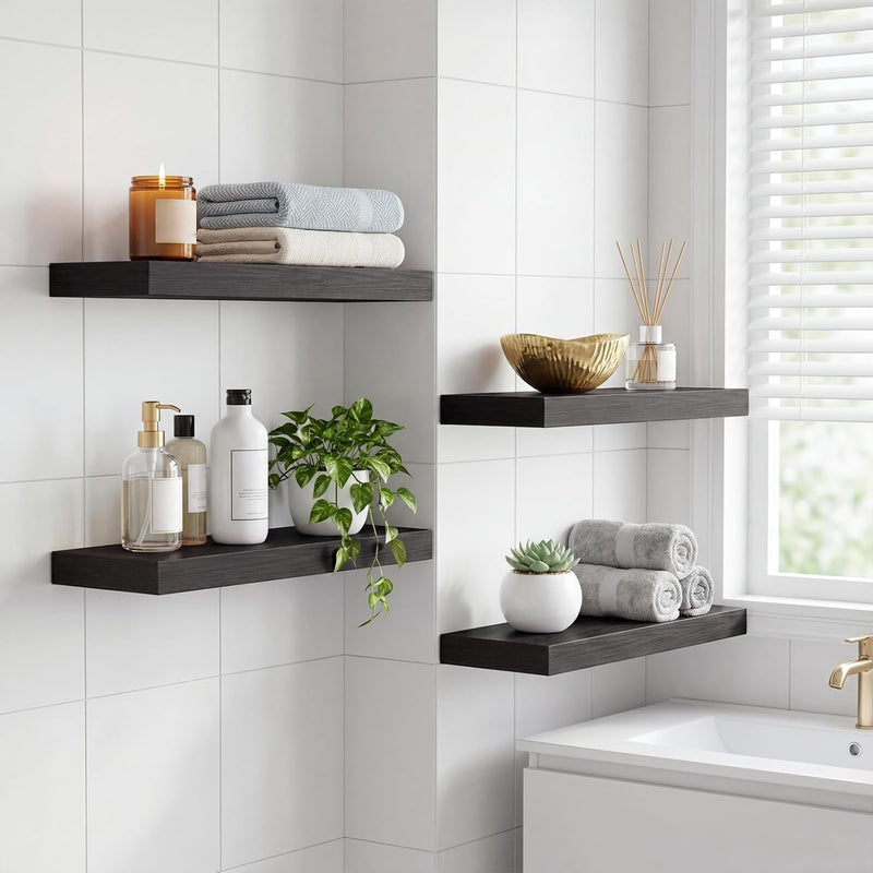 Floating Wall Shelves – Rustic Wood Finish, Set of 4