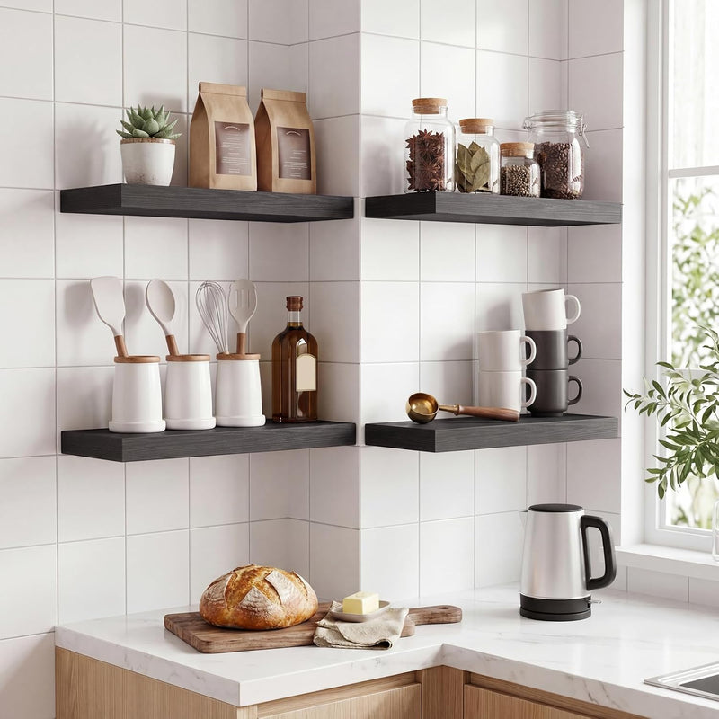 Floating Wall Shelves – Rustic Wood Finish, Set of 4