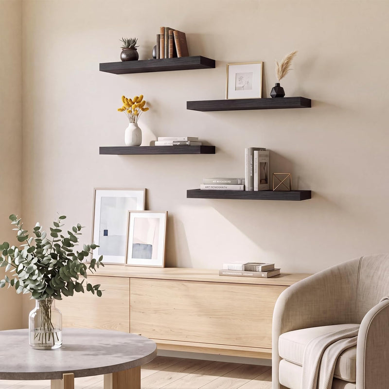 Floating Wall Shelves – Rustic Wood Finish, Set of 4