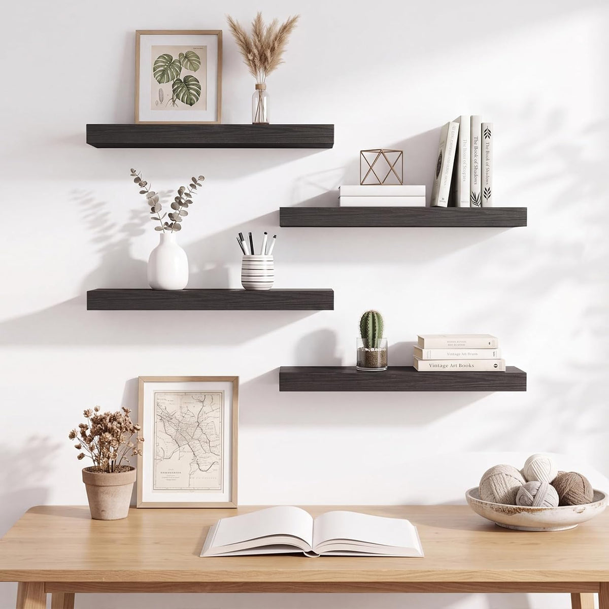 Floating Wall Shelves – Rustic Wood Finish, Set of 4