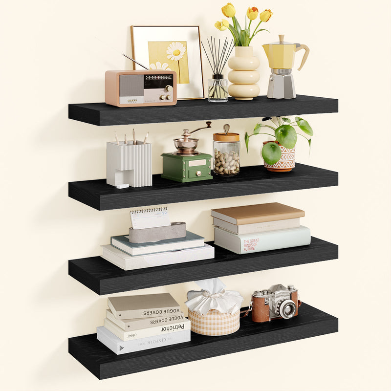 Fixwal 4-Pieces Floating Shelves for Wall, Wall Mounted Rustic Wood Shelves Black