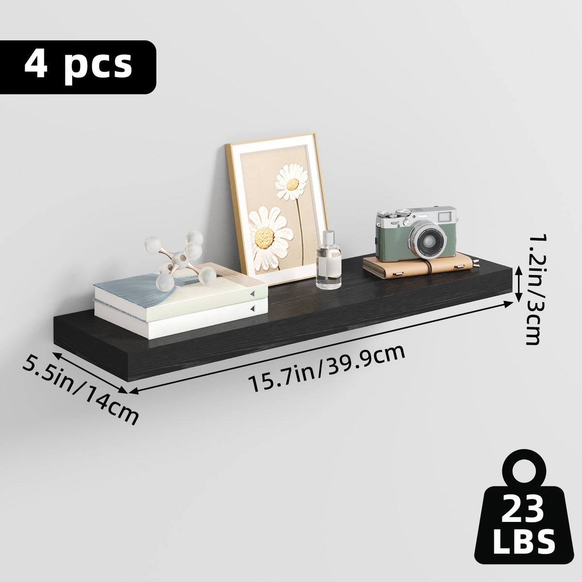 Fixwal 4-Pieces Floating Shelves for Wall, Wall Mounted Rustic Wood Shelves Black