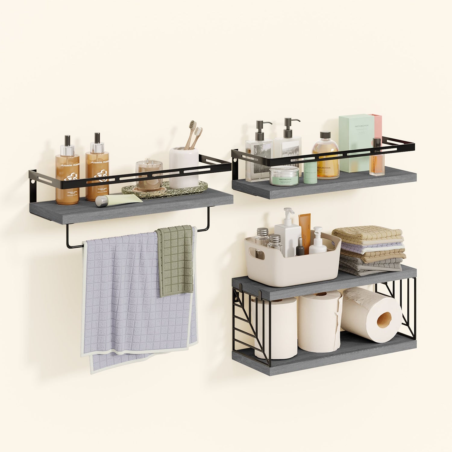 Fixwal 3+1 Tier Wall-Mounted Shelves with Metal Frame and Towel Bar Gray