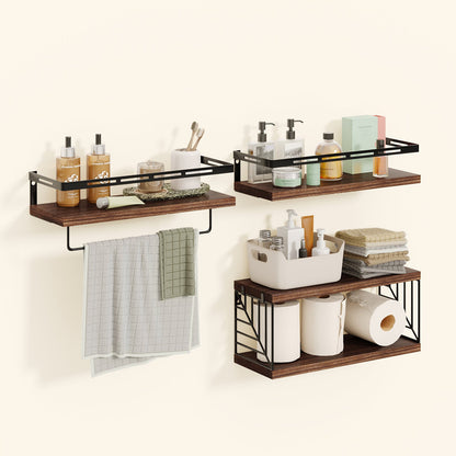 Fixwal 3+1 Tier Wall-Mounted Shelves with Metal Frame and Towel Dark Brown