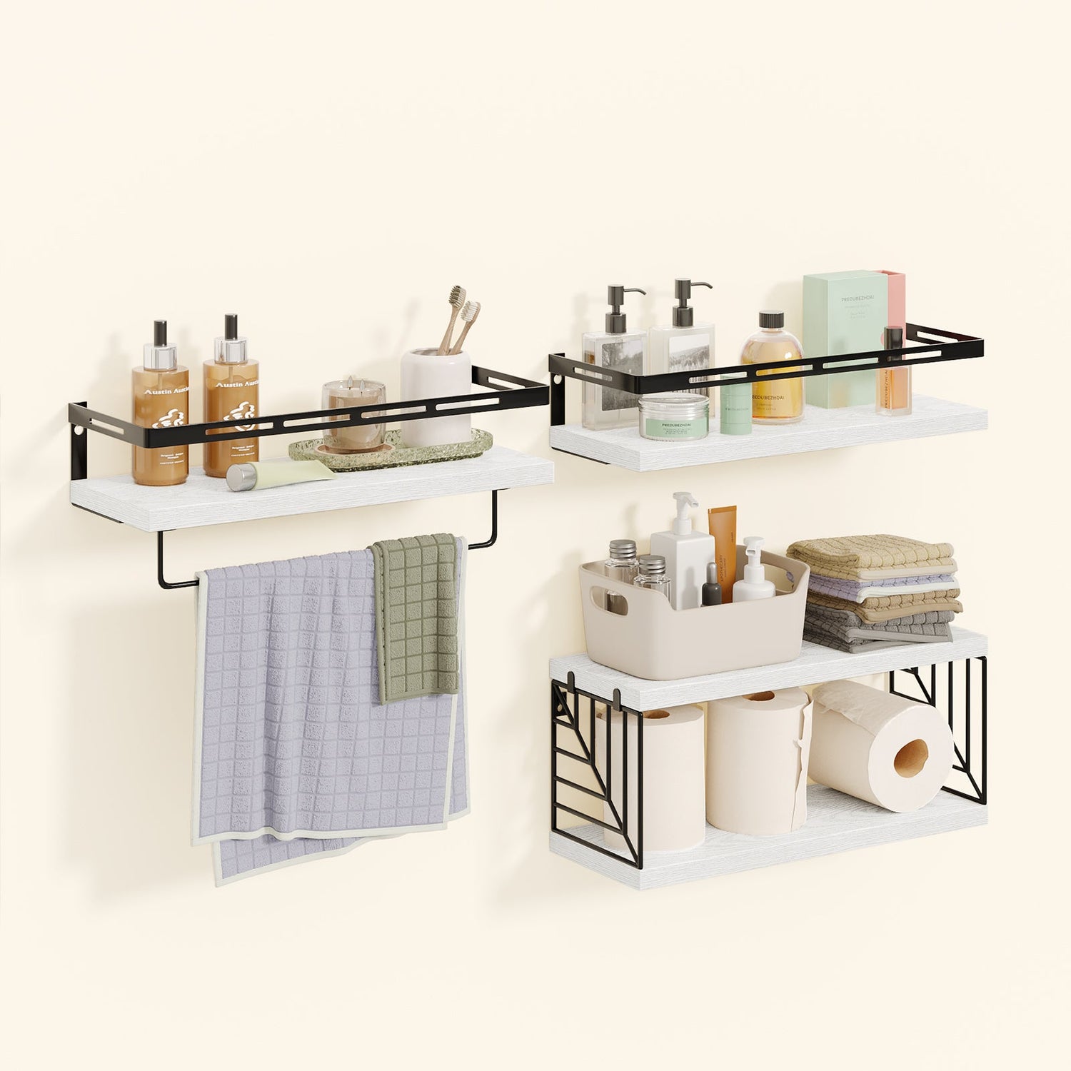 Fixwal 3+1 Tier Wall-Mounted Shelves with Metal Frame and Towel White