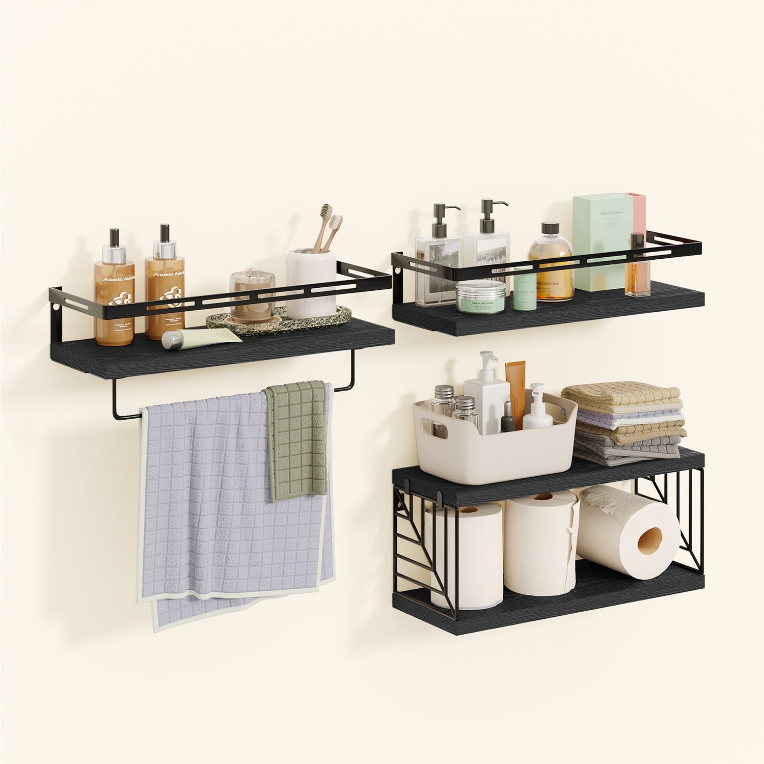 Fixwal 3+1 Tier Wall-Mounted Shelves with Metal Frame and Towel Black