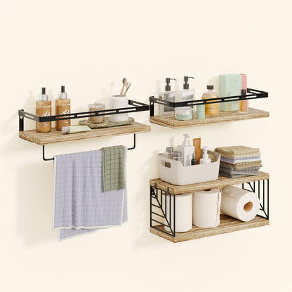 Fixwal 3+1 Tier Wall-Mounted Shelves with Metal Frame and Towel Rustic Brown