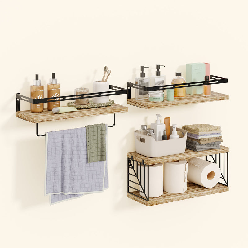 Fixwal 3+1 Tier Wall-Mounted Shelves with Metal Frame and Towel Rustic Brown