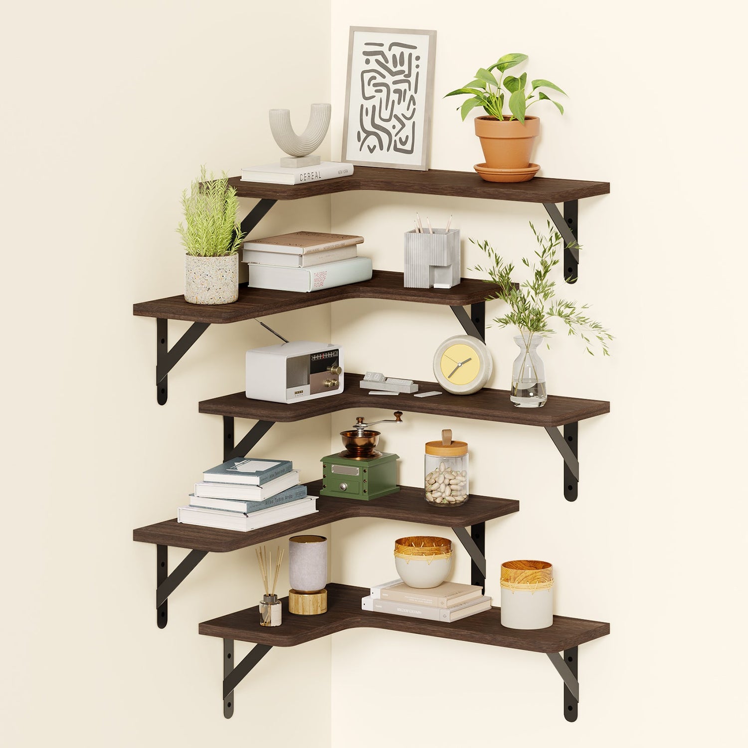 Fixwal 5-Pieces Floating Shelves for Wall, Rustic Wood Wall Mounted Corner Shelf Walnut Brown