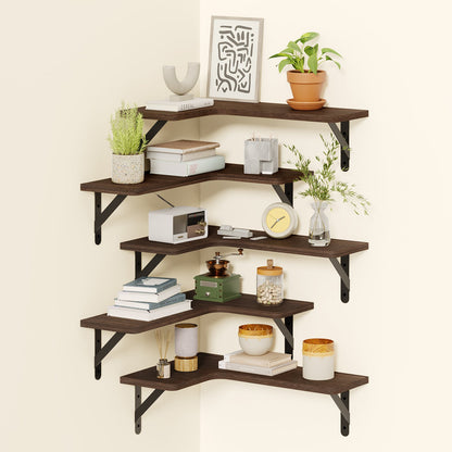 Fixwal 5-Pieces Floating Shelves for Wall, Rustic Wood Wall Mounted Corner Shelf Walnut Brown