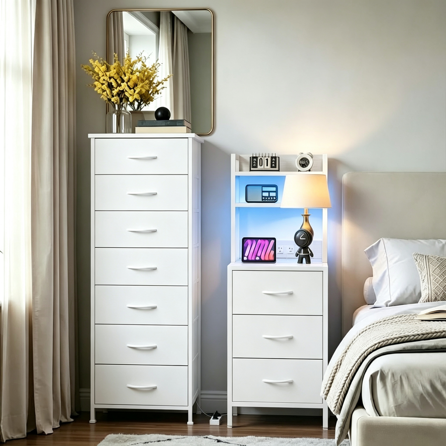 White Tall Nightstand & Dresser Set with Storage, LED & Charging Station